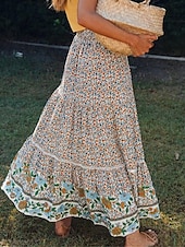 preiswerte Röcke-Damenrock A-Linie Swing Bohemia Maxirock mit hoher Taille Blumendruck Blumen Urlaub Sommer Casual Boho Aprikose Rot