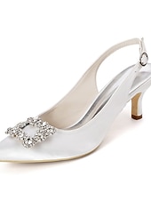 tanie Panna młoda-białe ślubne buty na obcasie typu slingback dla panny młodej – eleganckie buty ślubne ze spiczastym noskiem i klamrą z kryształkami