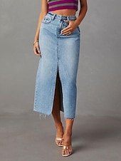 abordables Jupes unies-Femme Jupe Trapèze Jupe mi-longue en jean Mode Décontractées Midi Taille haute Jupes Couleur Pleine Poche Pointes fourchues Plein Air du quotidien Bleu Bleu clair Eté Jean
