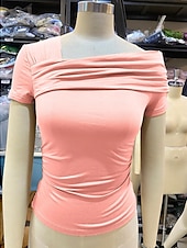 baratos Camiseta lisa-tops femininos de manga curta e um ombro só (estilo 2)