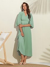 abordables robe décontractée-robe d&#039;invité de mariage pour femme maxi bleu col en v manches dolman plissée en mousseline de soie