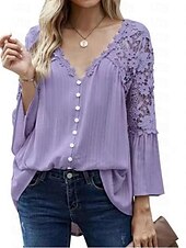 preiswerte Basic-Damenoberteile-Hemd Boho-Shirt Spitzenhemd Bluse Damen Schwarz Weiß Rosa Feste Farbe Spitze Taste Strasse Täglich Modisch V Ausschnitt S