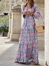 preiswerte Ausgefallene Kleider-Damen kleid lang Paisley-Kleid Casual kleid Boho Chic Kleider Boho-Kleid Böhmen Ethnisch A-Linie Urlaub Strasse Festtage Lockere Passform Paisley-Muster Langarm V Ausschnitt Rosa Blau Grün Sommer