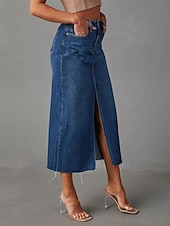 abordables Jupes unies-Femme Jupe Trapèze Jupe mi-longue en jean Mode Décontractées Midi Taille haute Jupes Couleur Pleine Poche Pointes fourchues Plein Air du quotidien Bleu Bleu clair Eté Jean