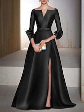 abordables Vestidos de Noche en A-Corte A Hasta el Suelo Vestidos de noche Corte Cenicienta Vestimenta formal Elegante Sedoso Manga 3/4 Escote en Pico Invitado a la boda Fiesta de Cóctel Satén con Abertura