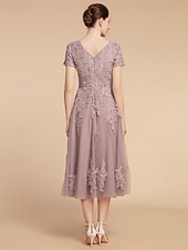 cheap Tea Length-A-Line Mother of the Bride Dress Wedding Guest Elegant Petite Jewel Neck Tea Length Lace Tulle Short Sleeve with Ruching Flower 2025 free custom size