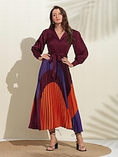 cheap Print Casual Dress-Women&#039;s Satin Dress Hem Maxi Purple Long Sleeve Geometic Button Tie Belt Spring V Neck Maxi Dress S M L