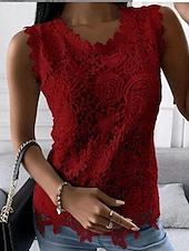 Women's Camisole Tank Top Eyelet top White Lace Shirt Women's Black White Pink Solid Color Lace Street Daily Fashion Round Neck S 11