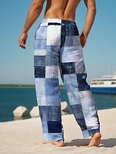 cheap Men&#039;s Printed Casual Pants-Plaid Color Block Men&#039;s Resort 3D Printed Casual Pants Trousers Elastic Waist Drawstring Loose Fit Straight-Leg Summer Beach Pants S TO 3XL