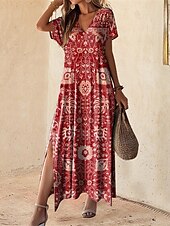 levne Boho šaty-Dámské maxi šaty vintage šaty neformální šaty sukňové šaty vintage etnické kmenové ramenní dovolená ulice svátek běžné měření kmenové krátké rukávy výstřih ve tvaru V vínově červené fialové léto