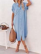 ieftine Rochii tip cămașă-Pentru femei Rochii Tip Cămașă Rochii Midi Denim Buton Buzunar Dată Șic Stradă Guler Cămașă Manșon scurt Albastru piscină Culoare