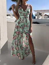 billiga Eleganta blommiga klänningar-Dam Långklänning Maxiklänning Vardagsklänning Swingklänning A linjeklänning Sommarklänning Hawaiisk Maxi Boho Semester Gata Helgdag Normal Blommig Ärmlös V-hals Gul Rodnande Rosa Grön Ljusblå Sommar
