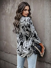 abordables Tops Boho pour Femmes-Chemise Femme Manches Longues Blouse à Boutons Mode Imprimé Paisley Classique Regular Tops Col Chemise Décontracté Noir Printemps  Automne