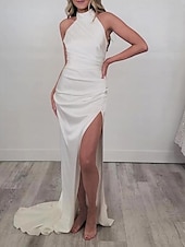 preiswerte Rosa-Strandhochzeit Meerjungfrau Abendkleid hoher Schlitz Kleid Hochzeitsgast Sweep  Brush Train ärmellos Halterneck Brautjungfernkleid Charmeuse mit Falten Maskerade Kleid 2025