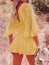 cheap White Lace Dresses-Women&#039;s Mini Dress White Dress Lace Dress Boho Chic Dresses Boho Dress Bohemia A Line Date Regular Fit 3/4 Length Sleeve V Neck Black White Yellow Pink Summer Spring