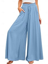 abordables Pantalon en coton et lin-Femmes Jambe large Pantalon en coton et lin Pantalons Mode Longueur complète Trèfle Cordon de serrage Poches Latérales in in france they say Pontalon wide leg Respirabilité Confortable Non Elastique