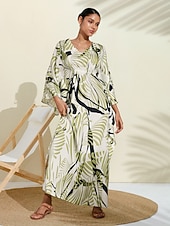 abordables robe décontractée imprimée-Robe longue en satin à fleurs, col en V, robe caftan