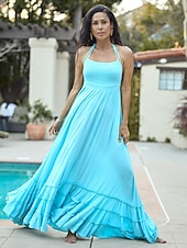 cheap Vacation Dresses-Women&#039;s Resort Maxi Dress Smocked Waist Blue Elegant Halter Neck Cami Maxi Dress Beach Cover Up