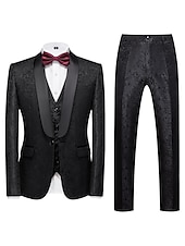 cheap Dinner Party-Men&#039;s Party Tuxedos Sparkle Silver Black Jacquard Tailored Fit 3 Piece Single Breasted One-button