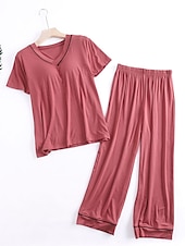 cheap Women&#039;s Sleepwear-Women&#039;s Pajamas Sets Pure Color Fashion Simple Comfort Home Daily Bed Modal Breathable V Wire Short Sleeve T shirt Tee Pant Chest pads Summer Home Outfits