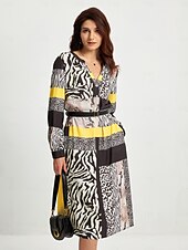 cheap Print Casual Dress-Satin Casual Leopard Print V Neck Midi Dress