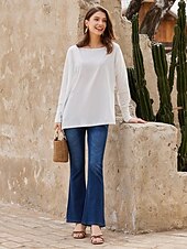 cheap Plain tee-T shirt Tee Women&#039;s Darkblue Black White Solid / Plain Color Patchwork Irregular Hem Street Date Daily Classic Round Neck Regular Fit S