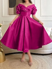 preiswerte Cocktailkleider-A-Linie Cocktailkleider Elegantes Kleid Formal Prom Teelänge Kurze Ärmel Herzförmiger Satin mit Rüschen Kleider