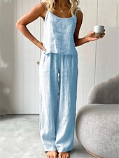 abordables Conjuntos-Conjuntos de pijama de dos piezas para mujer, sencillos, básicos, cómodos, de color puro, de algodón y lino, con tirantes, para uso diario en casa, para cama, sin mangas, con tirantes, en blanco, azul, gris claro, gris oscuro, para verano.