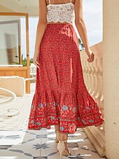 billiga Kjolar-Dam Kjol A-linje Gunga Böhmen Mode Ledigt Boho Maxi Hög midja Kjolar Blommig Snörning Mönster Kluvna toppar Semester Dagligen Gul Rubinrött Grön Sommar Konstsilke