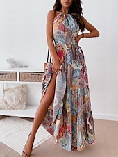 billige Boho-kjoler-Dame Lang kjole Maxikjole Uformell kjole Boho elegante kjoler Boho-kjole Bohem Gatemote A-linje Feriereise Gate Ferie Normal Blomstret Paisly Ermeløs Grimehals Rød Blå Sommer