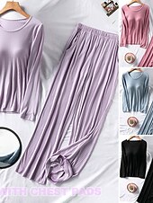 cheap Women&#039;s Loungewear-Women&#039;s Loungewear Sets Pure Color Fashion Street Going out Airport Modal Breathable Crew Neck Long Sleeve T shirt Tee Pant Chest pads Summer Spring Home Outfits
