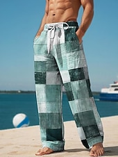 cheap Men&#039;s Printed Casual Pants-Plaid Color Block Men&#039;s Resort 3D Printed Casual Pants Trousers Elastic Waist Drawstring Loose Fit Straight-Leg Summer Beach Pants S TO 3XL