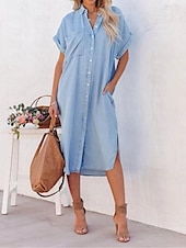 ieftine Rochii tip cămașă-Pentru femei Rochii Tip Cămașă Rochii Midi Denim Buton Buzunar Dată Șic Stradă Guler Cămașă Manșon scurt Albastru piscină Culoare