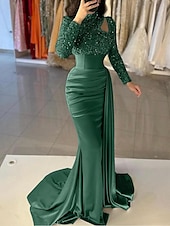 preiswerte BLAU-Meerjungfrau Abendkleid Pailletten Elegantes Kleid Formal Sweep  Brush Zug Lange Ärmel Hoher Hals Satin mit Perlen Maskeradenkleid 2025