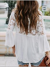 preiswerte Basic-Damenoberteile-Hemd Boho-Shirt Spitzenhemd Bluse Damen Schwarz Weiß Rosa Feste Farbe Spitze Taste Strasse Täglich Modisch V Ausschnitt S