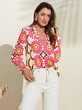 economico camicie, top e camicette-camicia con scollo a V e stampa floreale in raso