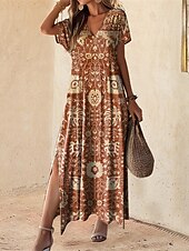 levne Boho šaty-Dámské maxi šaty vintage šaty neformální šaty sukňové šaty vintage etnické kmenové ramenní dovolená ulice svátek běžné měření kmenové krátké rukávy výstřih ve tvaru V vínově červené fialové léto