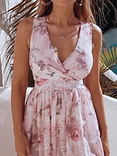 billiga Eleganta blommiga klänningar-Dam Långklänning Maxiklänning Vardagsklänning Swingklänning A linjeklänning Sommarklänning Hawaiisk Maxi Boho Semester Gata Helgdag Normal Blommig Ärmlös V-hals Gul Rodnande Rosa Grön Ljusblå Sommar