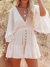 cheap White Lace Dresses-Women&#039;s Mini Dress White Dress Lace Dress Boho Chic Dresses Boho Dress Bohemia A Line Date Regular Fit 3/4 Length Sleeve V Neck Black White Yellow Pink Summer Spring