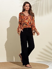 cheap Women&#039;s Graphic Tops-Chiffon Paisley Ruffle Sleeve Blouse