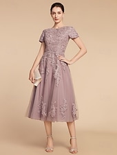 cheap Tea Length-A-Line Mother of the Bride Dress Wedding Guest Elegant Petite Jewel Neck Tea Length Lace Tulle Short Sleeve with Ruching Flower 2025 free custom size