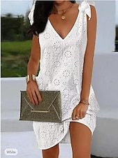 baratos Vestidos de renda branca-vestido de trabalho feminino vestido branco vestido linha elegante trabalho diário moda mini vestido bordado oco decote em v sem mangas floral geométrico solto ajuste branco verão primavera s m l xl