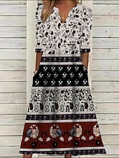 halpa Boho-mekko-Naisten Midimekko Etninen mekko Kesämekko Painatus mekko Vintage Etninen Viidakko ulko- Päivittäin Deitti Normaali Kukka Tribaali Puolihiha Halkaistu kaula Musta Kesä Kevät