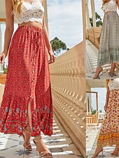 billiga Kjolar-Dam Kjol A-linje Gunga Böhmen Mode Ledigt Boho Maxi Hög midja Kjolar Blommig Snörning Mönster Kluvna toppar Semester Dagligen Gul Rubinrött Grön Sommar Konstsilke
