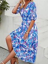 abordables Robes fleuries décontractées-robe décontractée pour femme imprimé floral col en V robe midi ethnique bohème vacances manches courtes été