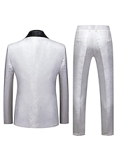 cheap Dinner Party-Men&#039;s Party Tuxedos Sparkle Silver Black Jacquard Tailored Fit 3 Piece Single Breasted One-button