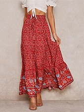 preiswerte Röcke-Damenrock A-Linie Swing Bohemia Maxirock mit hoher Taille Blumendruck Blumen Urlaub Sommer Casual Boho Aprikose Rot