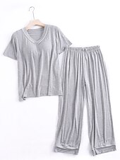 cheap Women&#039;s Sleepwear-Women&#039;s Pajamas Sets Pure Color Fashion Simple Comfort Home Daily Bed Modal Breathable V Wire Short Sleeve T shirt Tee Pant Chest pads Summer Home Outfits
