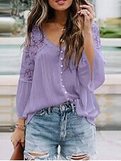 preiswerte Basic-Damenoberteile-Hemd Boho-Shirt Spitzenhemd Bluse Damen Schwarz Weiß Rosa Feste Farbe Spitze Taste Strasse Täglich Modisch V Ausschnitt S