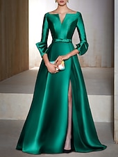 abordables Vestidos de Noche en A-Corte A Hasta el Suelo Vestidos de noche Corte Cenicienta Vestimenta formal Elegante Sedoso Manga 3/4 Escote en Pico Invitado a la boda Fiesta de Cóctel Satén con Abertura